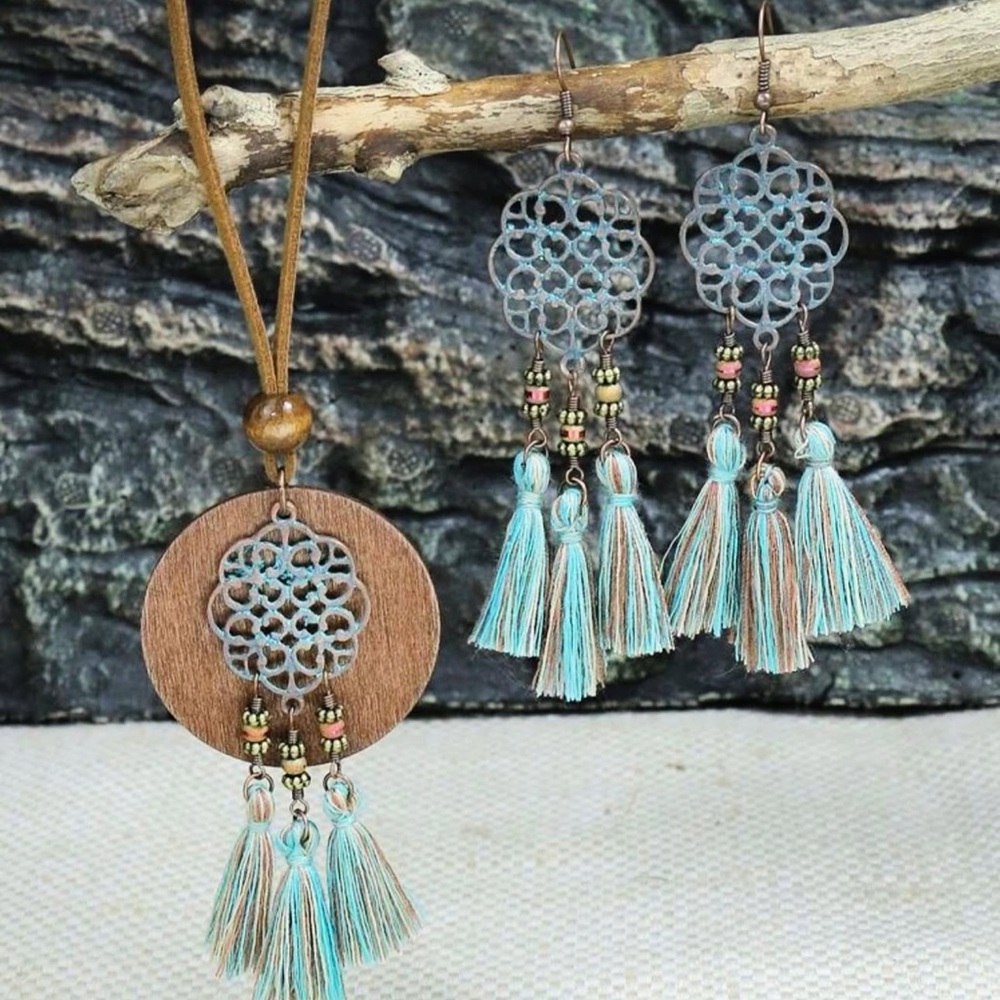 Artisan Turquoise and Brown Tassel Necklace and Earring Set